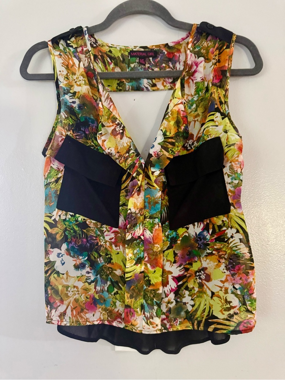 EUC Material Girl Neon Abstract Sleeveless Blouse with Contrast Utility Pockets